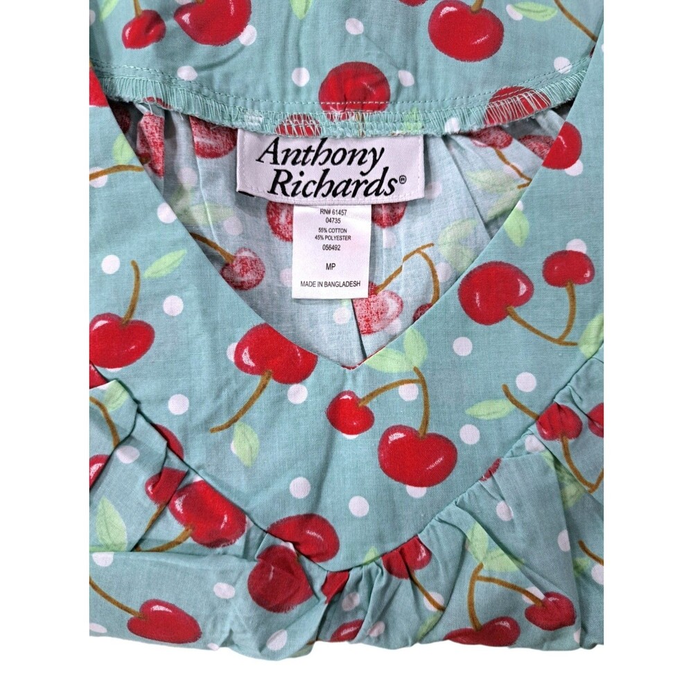 Anthony Richards VTG Teal Cherries Mumu Patio House Dress Midi Women's Size MP - Picture 8 of 9